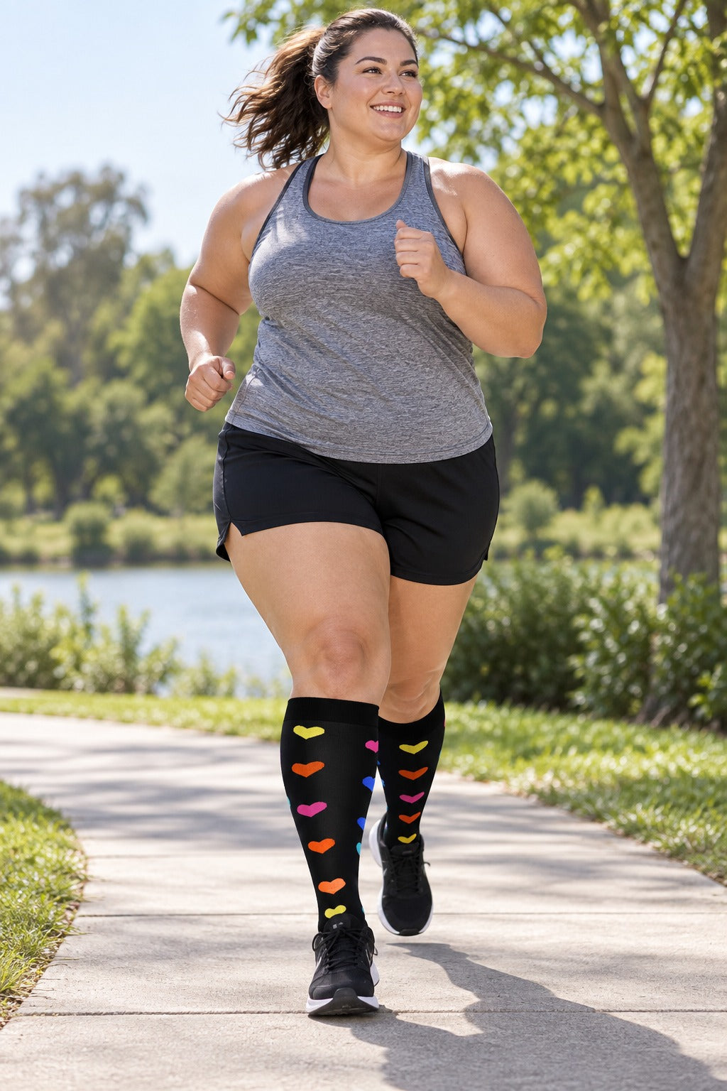 Plus Size Wide Calf Compression Socks 3 Pair Bundle - Colorful Signal Mix plus size woman running in matching colorful heart pattern compression socks