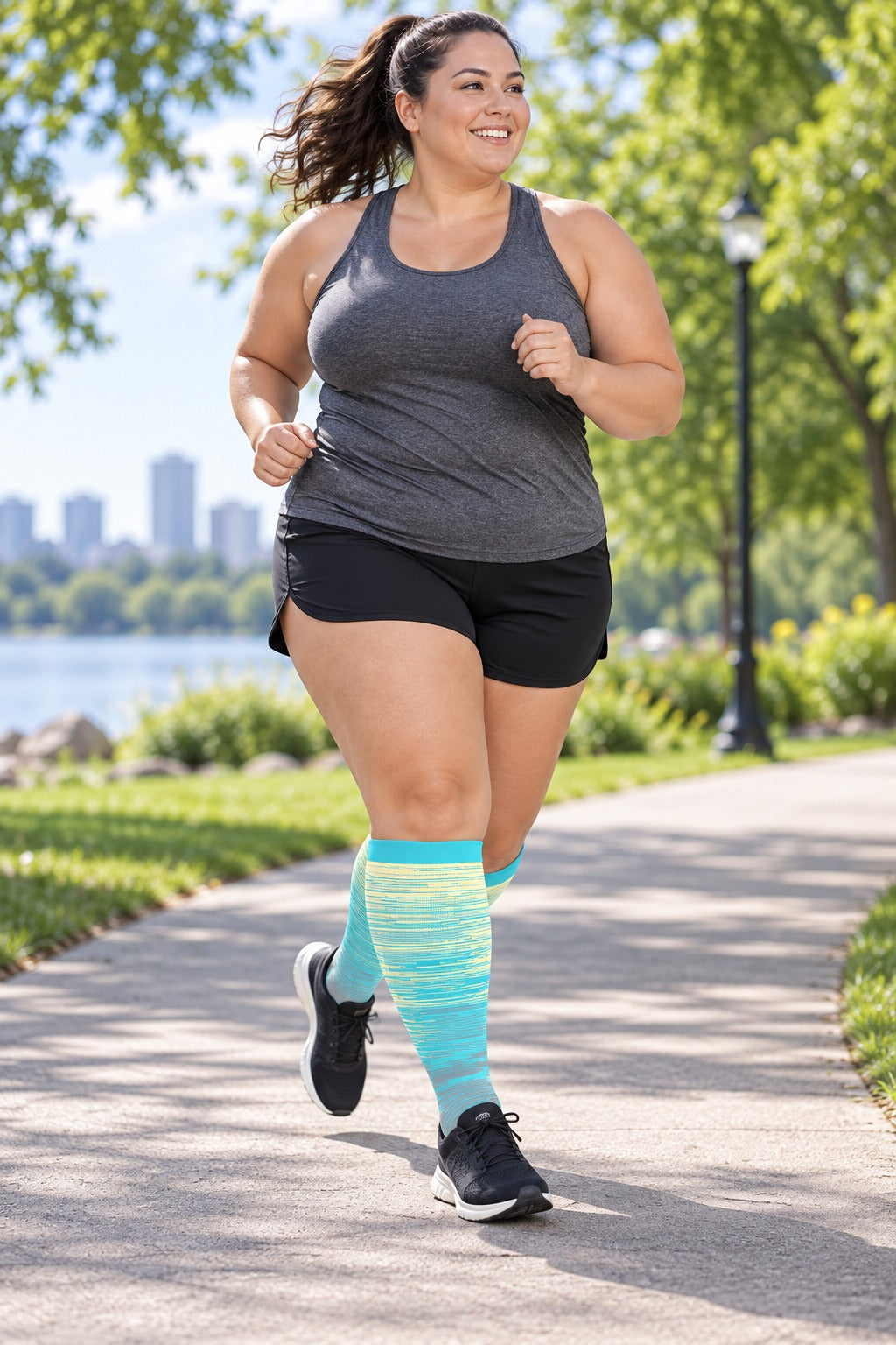 Plus Size Wide Calf Compression Socks 3 Pair Bundle - Cool Gradient Mix plus size woman running in matching gray-blue gradient compression socks