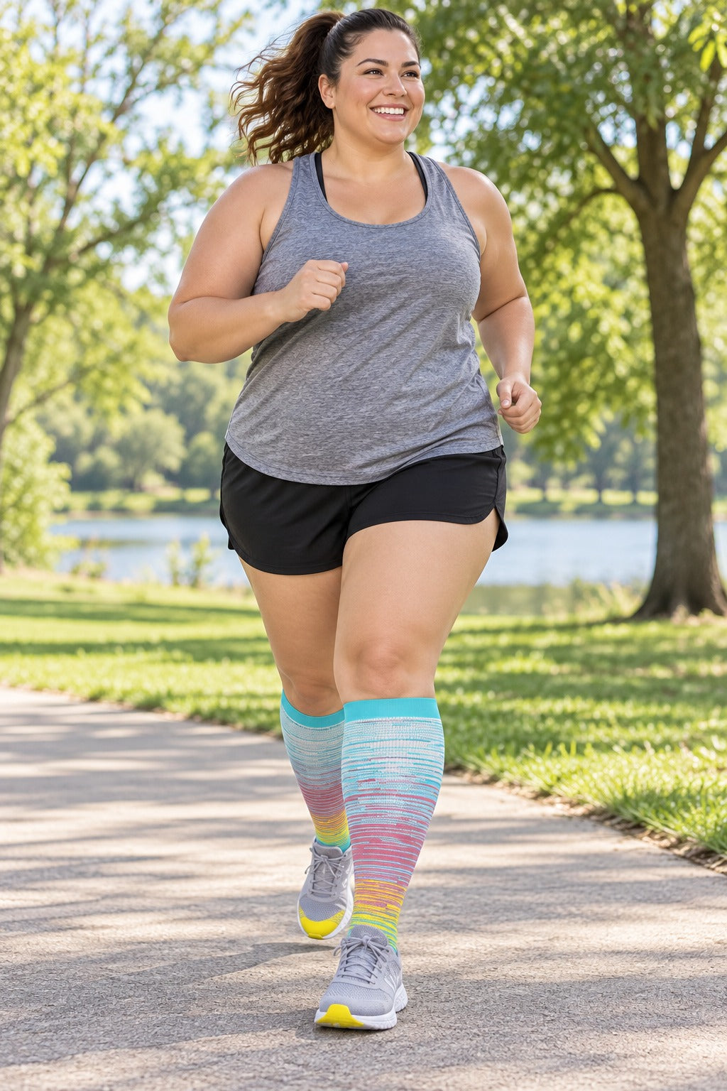Plus Size Wide Calf Compression Socks 3 Pair Bundle - Gradient Sunset Mix plus size woman running in matching gray-blue gradient compression socks