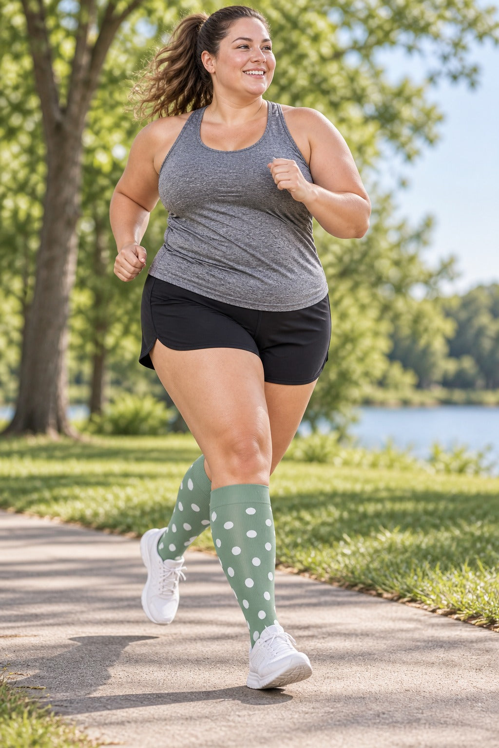 Plus Size Wide Calf Compression Socks 3 Pair Bundle - Green Dot Neutral plus size woman running in matching sage green with white dots compression socks