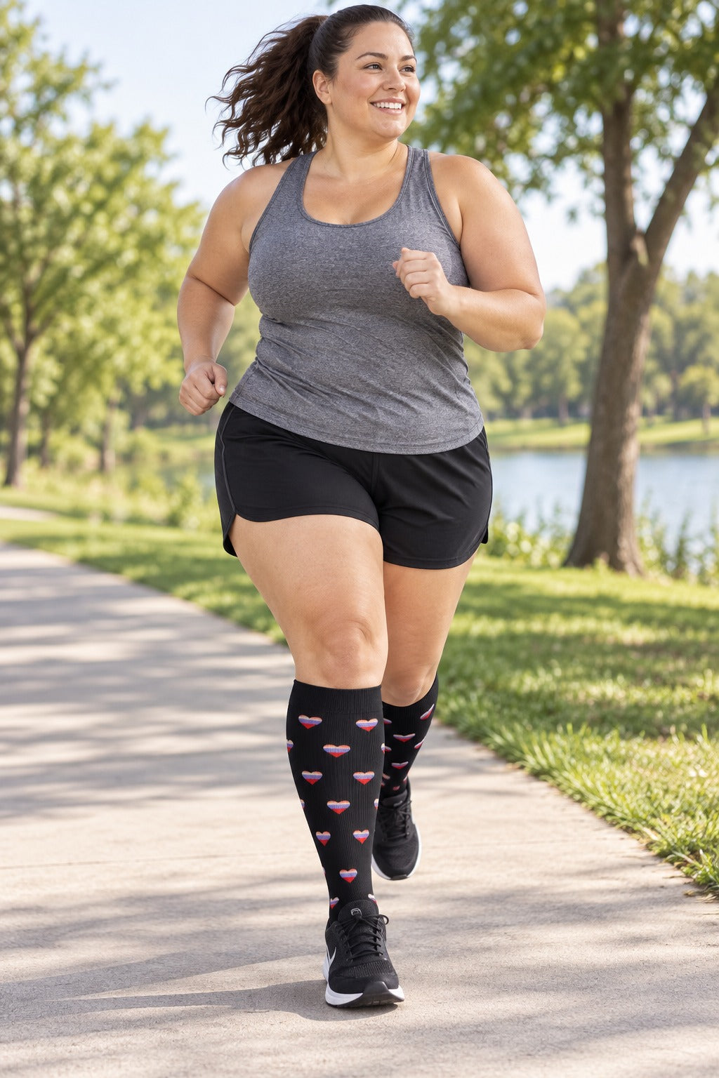 Plus Size Wide Calf Compression Socks 3 Pair Bundle - Heart and Dot Contrast plus size woman running in matching black with heart pattern compression socks