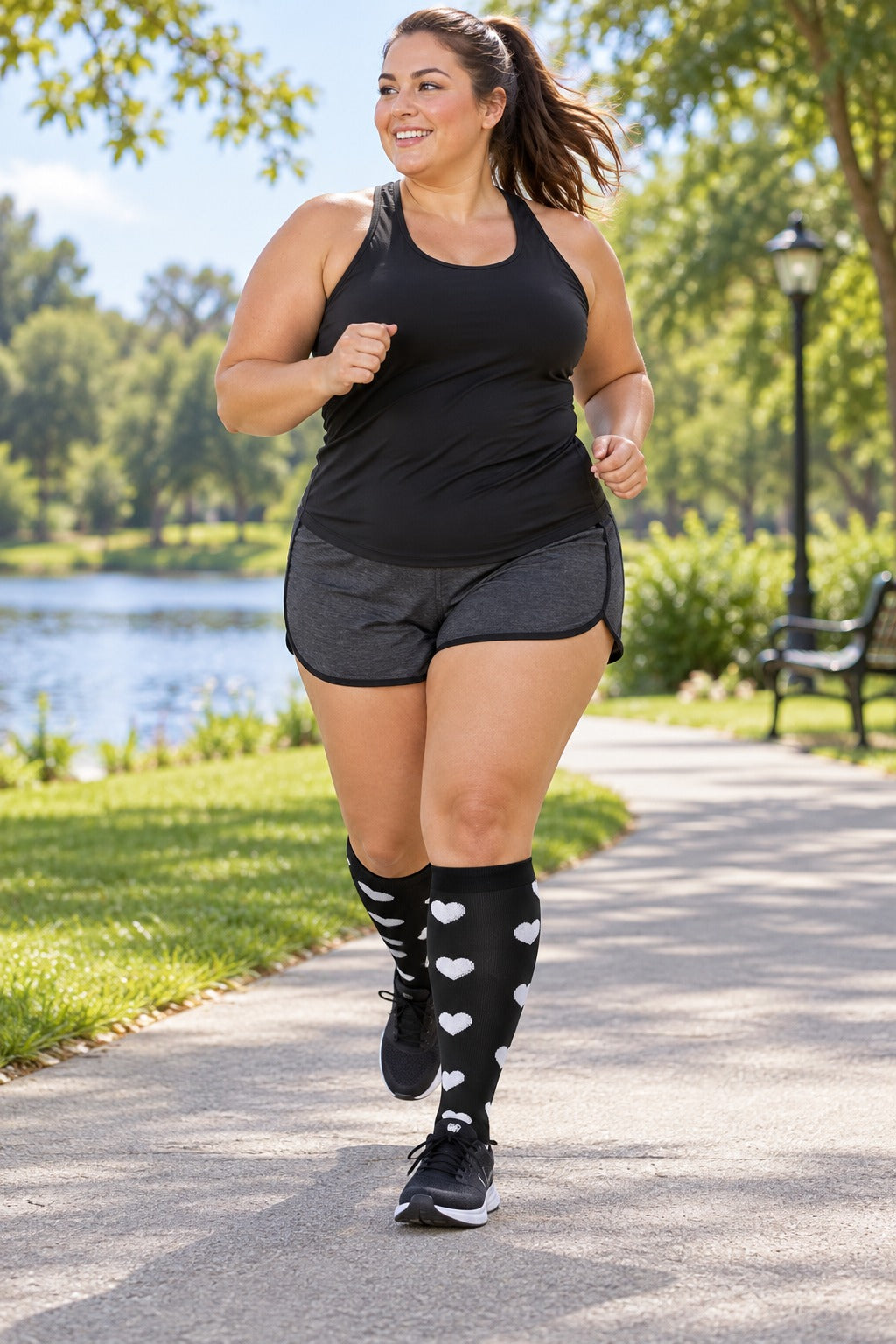 Plus Size Wide Calf Compression Socks 3 Pair Bundle - Heart Stripe Dot Mix plus size woman running in matching black with white heart pattern compression socks