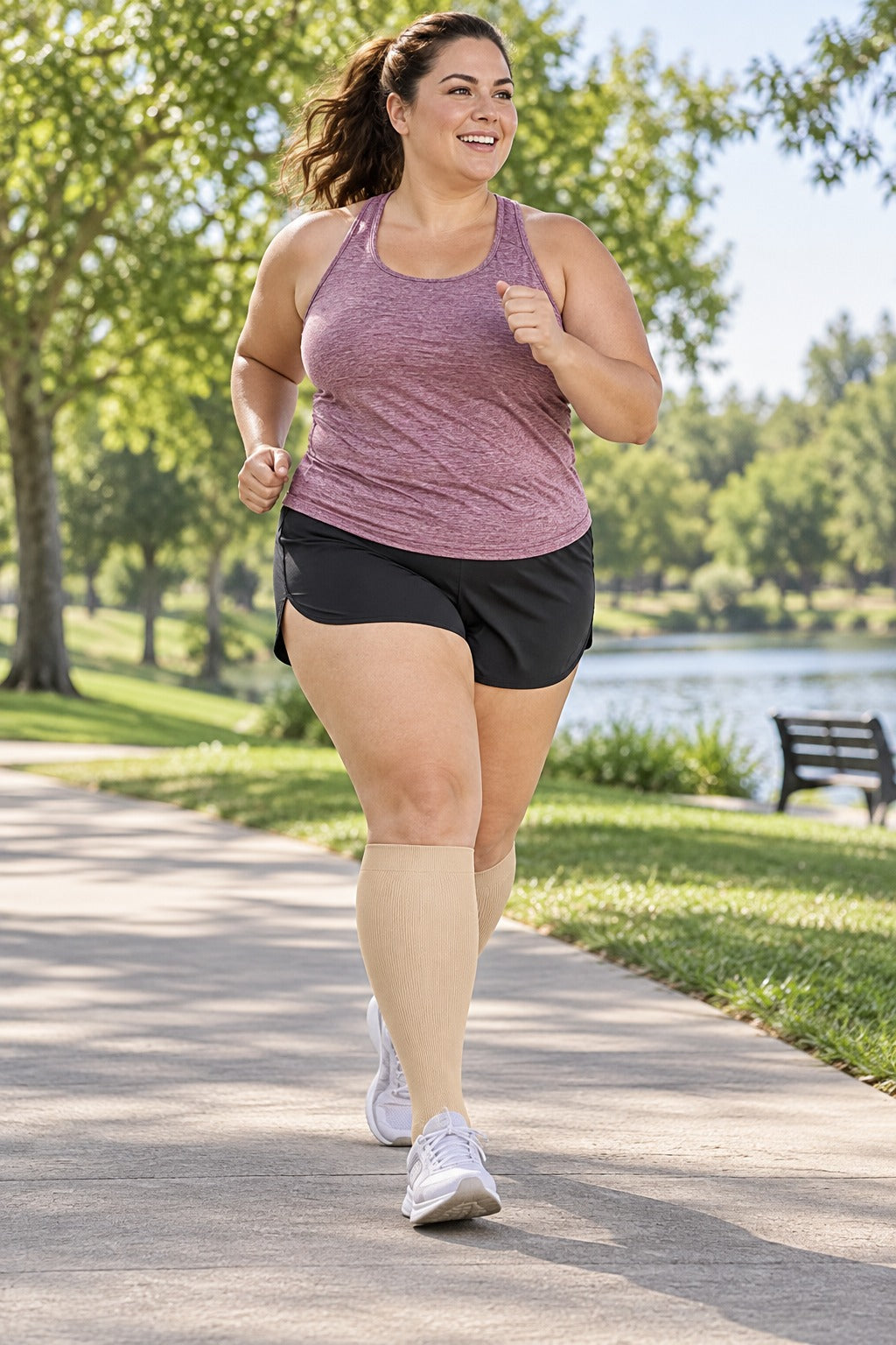 Plus Size Wide Calf Compression Socks 3 Pair Bundle - Nude Essentials plus size woman running in matching nude beige compression socks