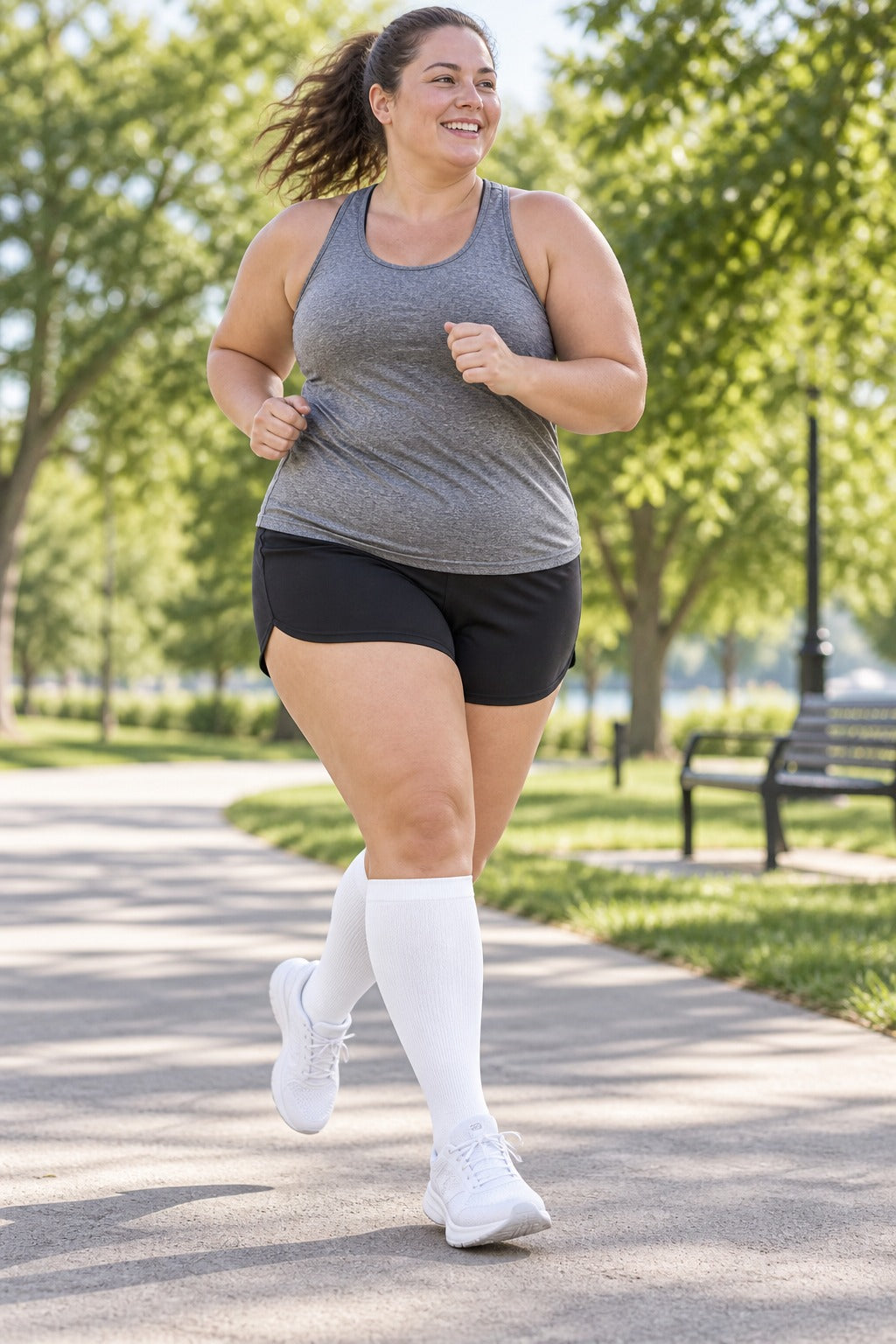 Plus Size Wide Calf Compression Socks 3 Pair Bundle - White Essentials plus size woman running in matching white compression socks