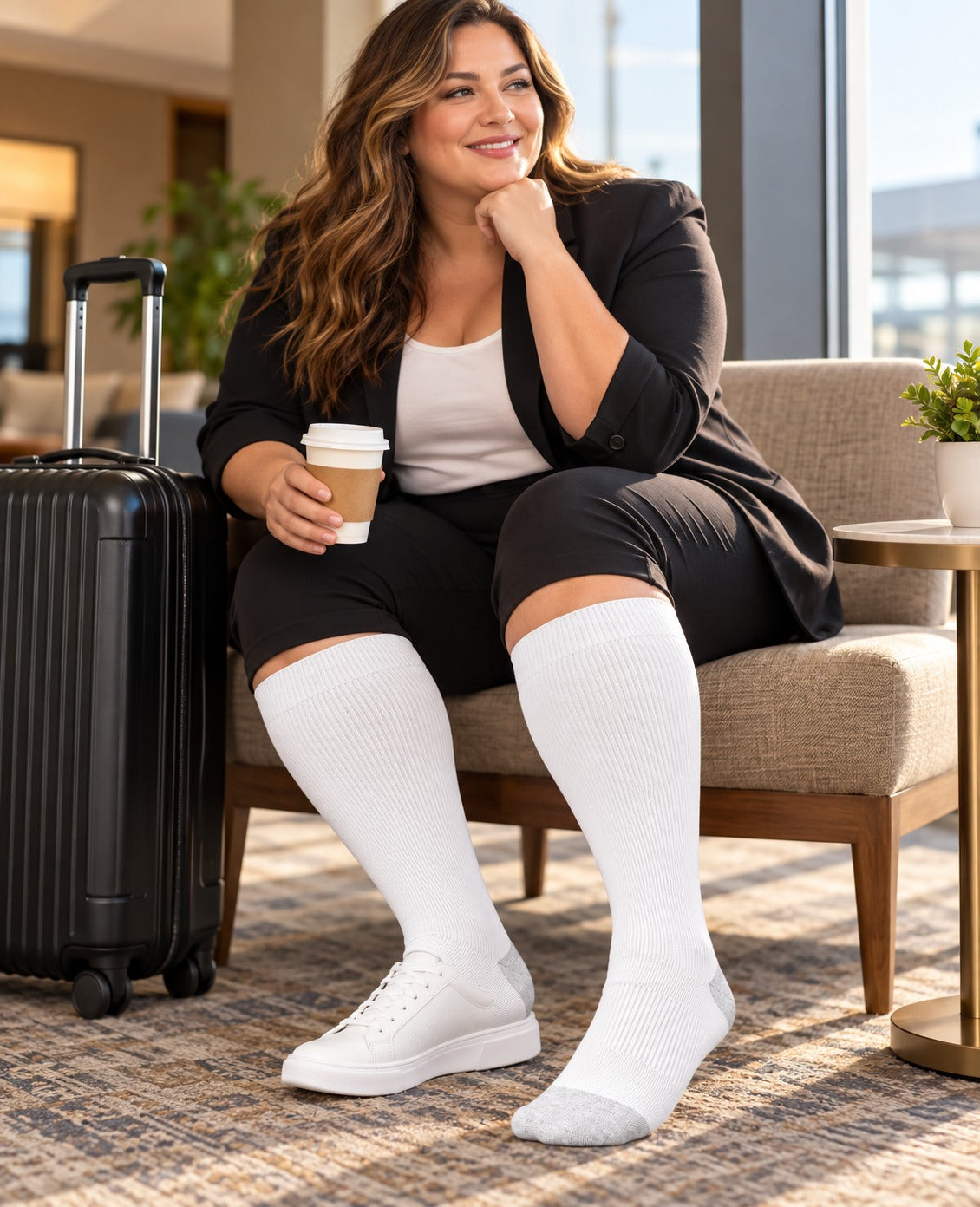 Plus Size Wide Calf Compression Socks 3 Pair Bundle - Classic Neutral Mix plus size model lifestyle scene