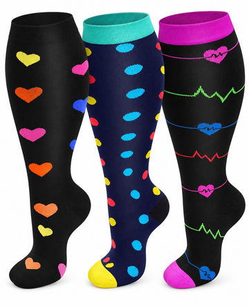 Plus Size Wide Calf Compression Socks 3 Pair Bundle - Colorful Signal Mix plus size wide calf compression socks three pair hero