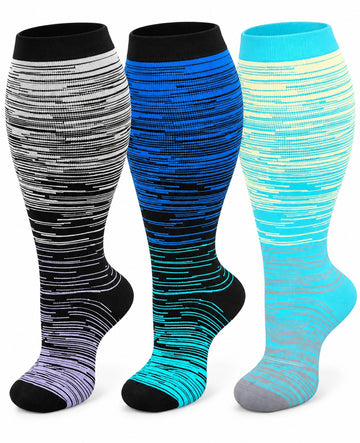 Plus Size Wide Calf Compression Socks 3 Pair Bundle - Cool Gradient Mix plus size wide calf compression socks three pair hero