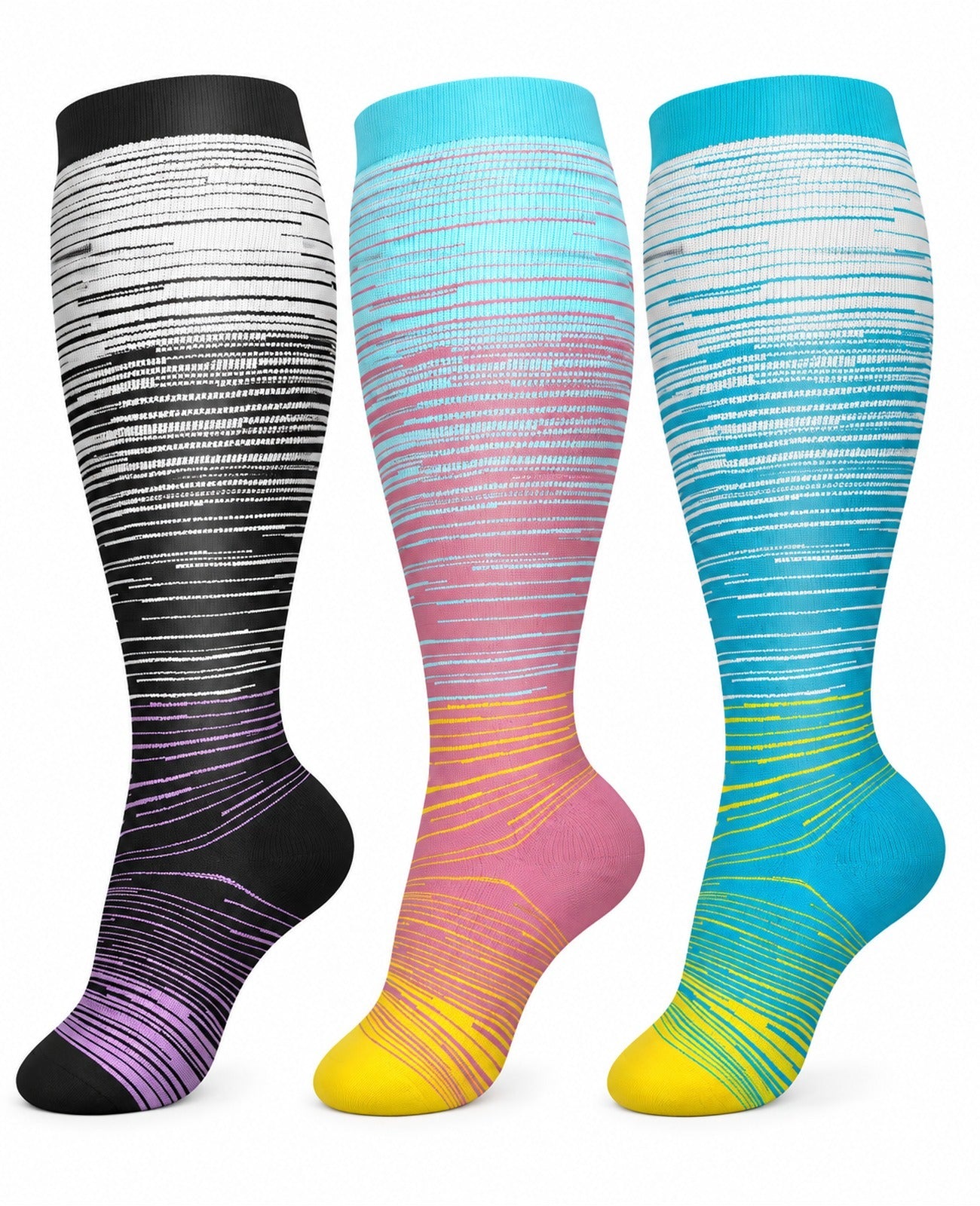 Plus Size Wide Calf Compression Socks 3 Pair Bundle - Gradient Sunset Mix plus size wide calf compression socks three pair hero