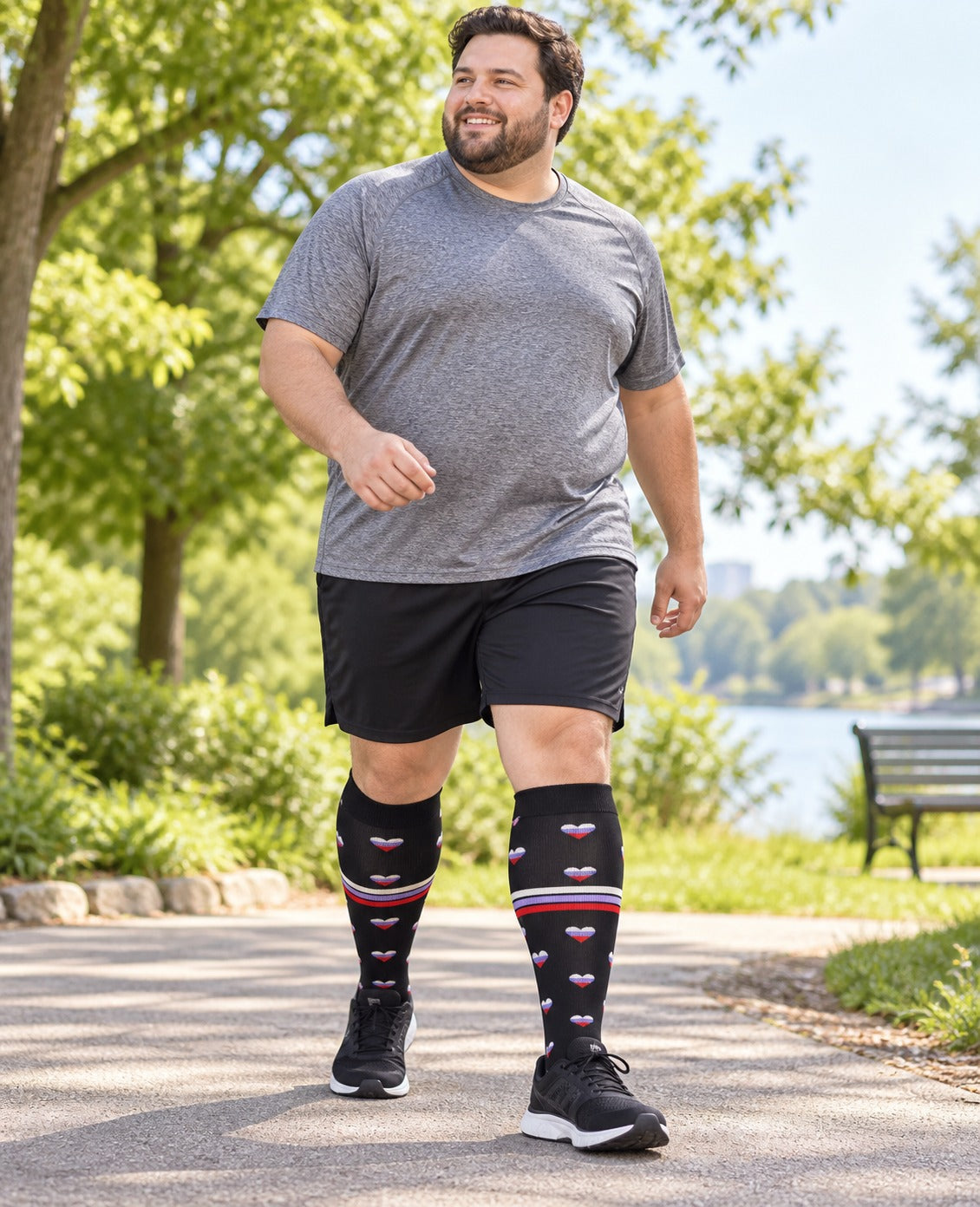 Plus Size Wide Calf Compression Socks 3 Pair Bundle - Heart Stripe Dot Mix plus size model lifestyle scene