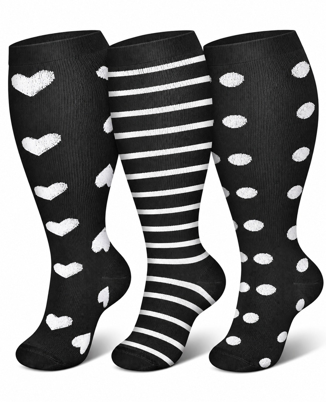 Plus Size Wide Calf Compression Socks 3 Pair Bundle - Heart Stripe Dot Mix plus size wide calf compression socks three pair hero