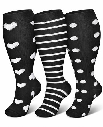 Plus Size Wide Calf Compression Socks 3 Pair Bundle - Heart Stripe Dot Mix plus size wide calf compression socks three pair hero