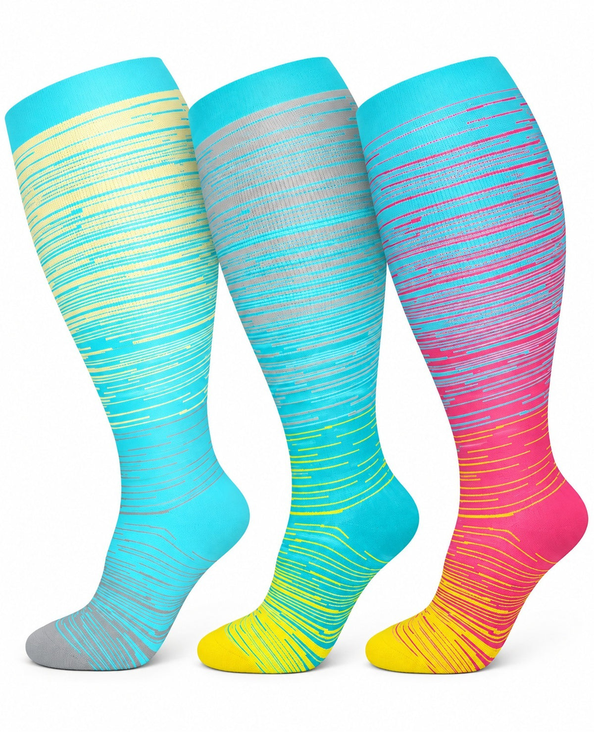 Plus Size Wide Calf Compression Socks 3 Pair Bundle - Bright Gradient Mix plus size wide calf compression socks three pair hero