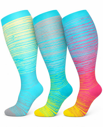 Plus Size Wide Calf Compression Socks 3 Pair Bundle - Bright Gradient Mix plus size wide calf compression socks three pair hero