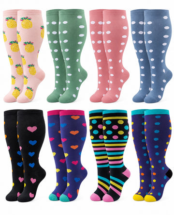 Plus Size Wide Calf Compression Socks 8 Pair Bundle - Pattern Set 03 plus size wide calf 8 pair bundle hero