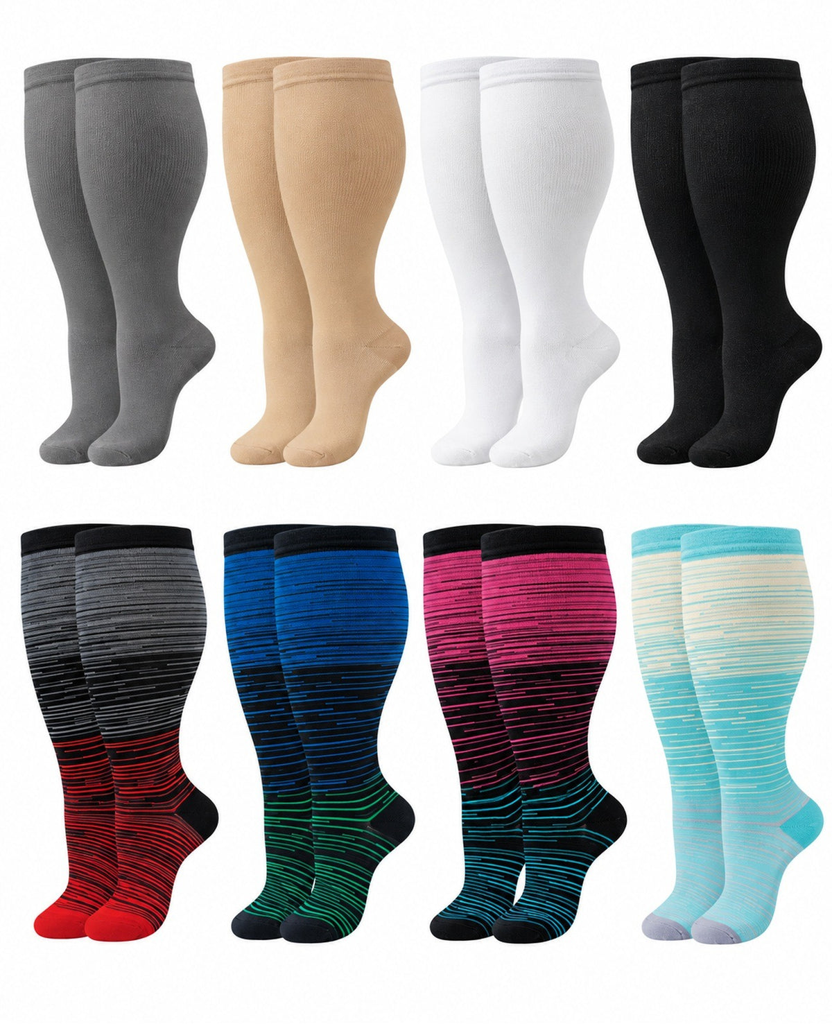 Plus Size Wide Calf Compression Socks 8 Pair Bundle - Pattern Set 06 plus size wide calf 8 pair bundle hero