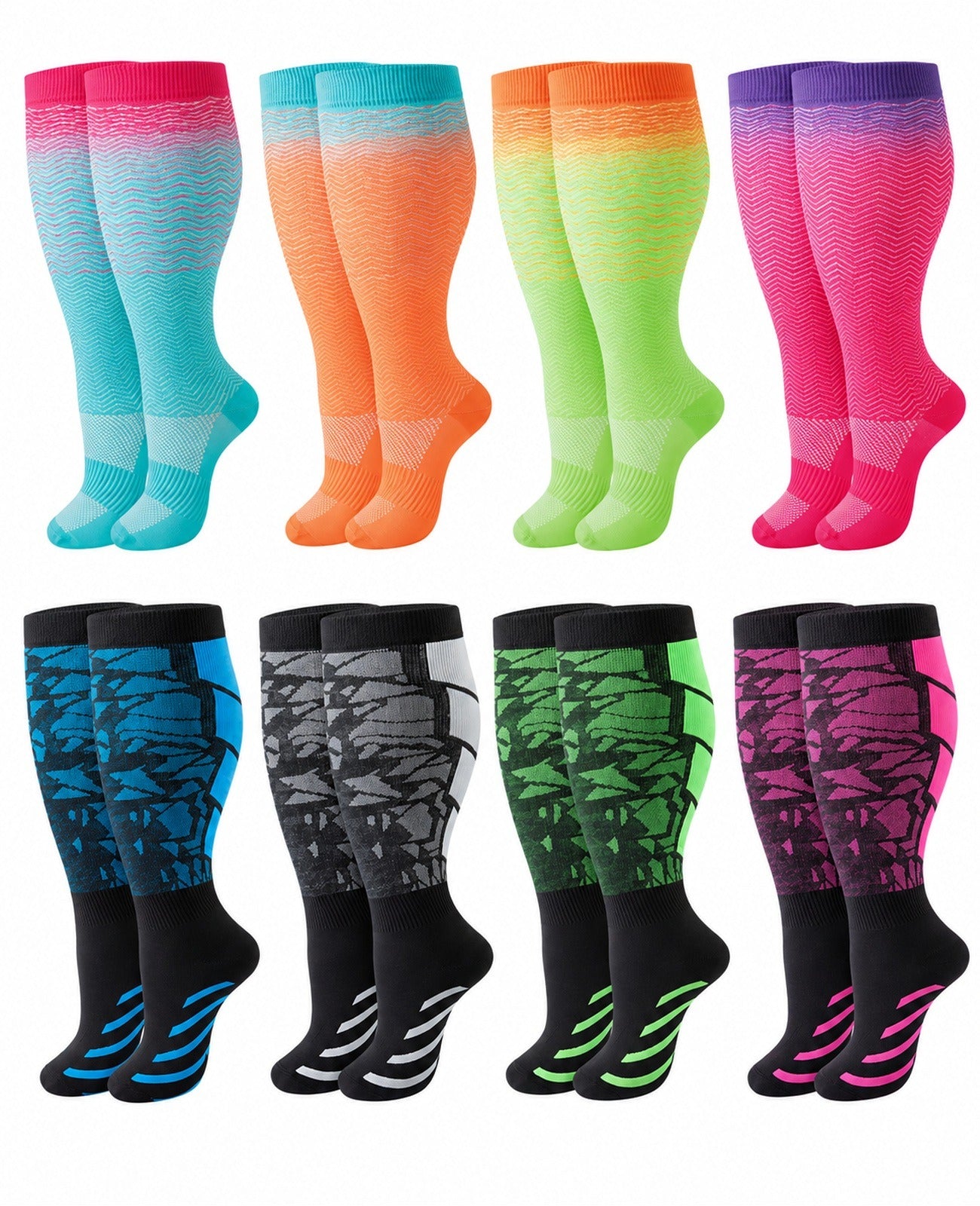 Plus Size Wide Calf Compression Socks 8 Pair Bundle - Pattern Set 07 plus size wide calf 8 pair bundle hero