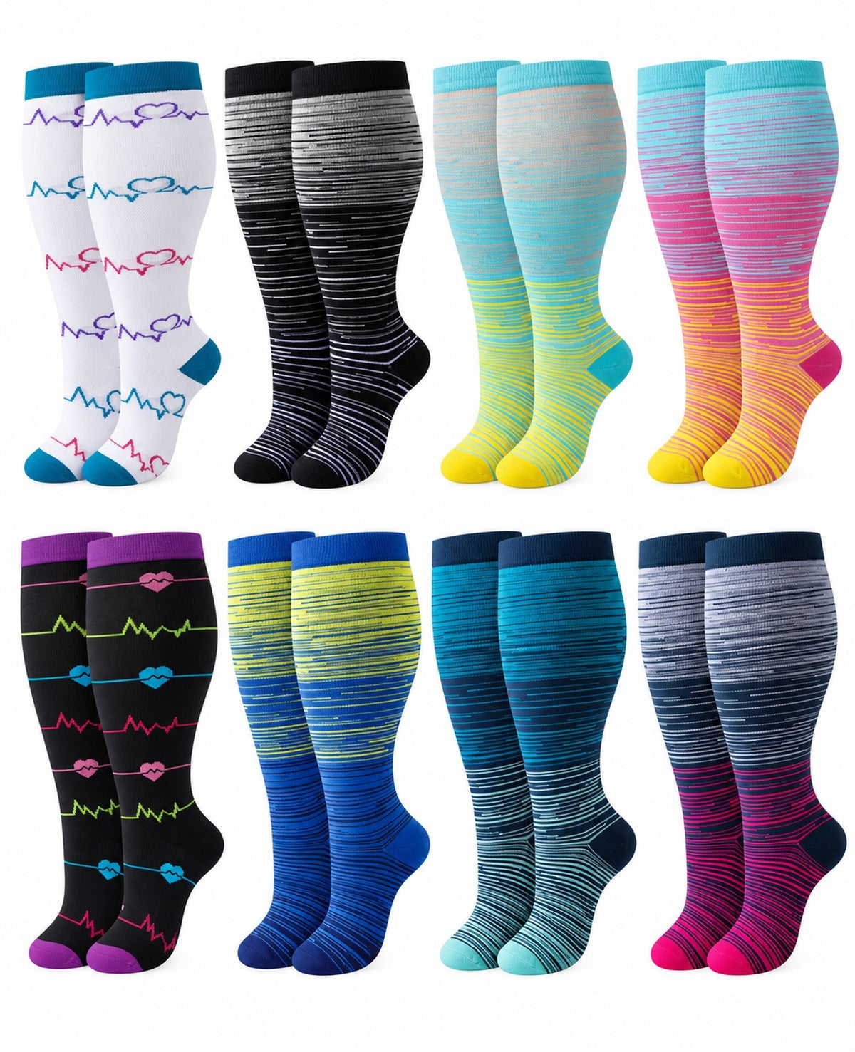 Plus Size Wide Calf Compression Socks 8 Pair Bundle - Pattern Set 09 plus size wide calf 8 pair bundle hero