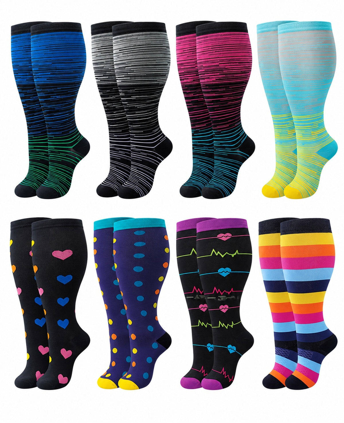 Plus Size Wide Calf Compression Socks 8 Pair Bundle - Pattern Set 10 plus size wide calf 8 pair bundle hero