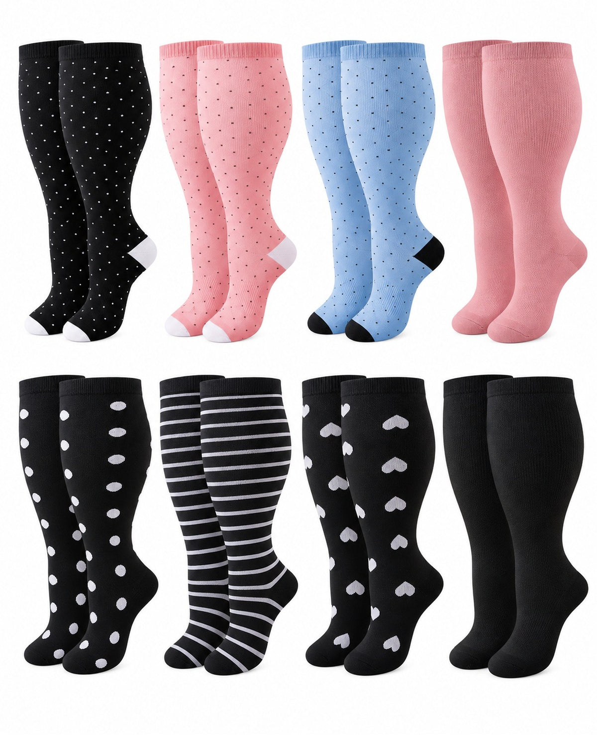 Plus Size Wide Calf Compression Socks 8 Pair Bundle - Pattern Set 13 plus size wide calf 8 pair bundle hero