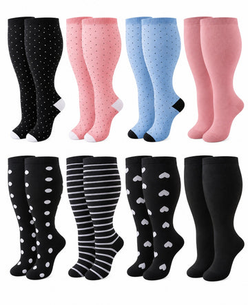 Plus Size Wide Calf Compression Socks 8 Pair Bundle - Pattern Set 13 plus size wide calf 8 pair bundle hero
