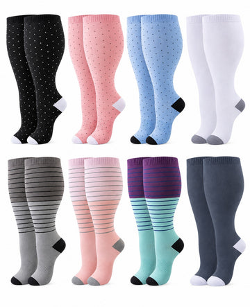 Plus Size Wide Calf Compression Socks 8 Pair Bundle - Pattern Set 15 plus size wide calf 8 pair bundle hero