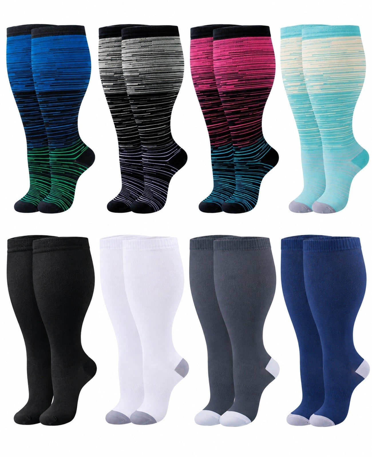 Plus Size Wide Calf Compression Socks 8 Pair Bundle - Pattern Set 16 plus size wide calf 8 pair bundle hero