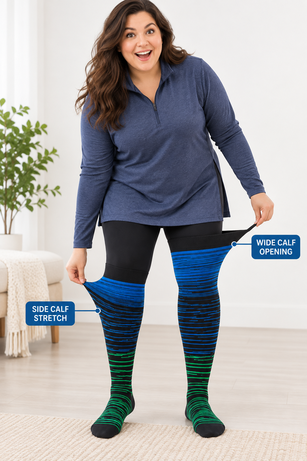 Plus size wide calf compression socks showing wide calf opening and side calf stretch