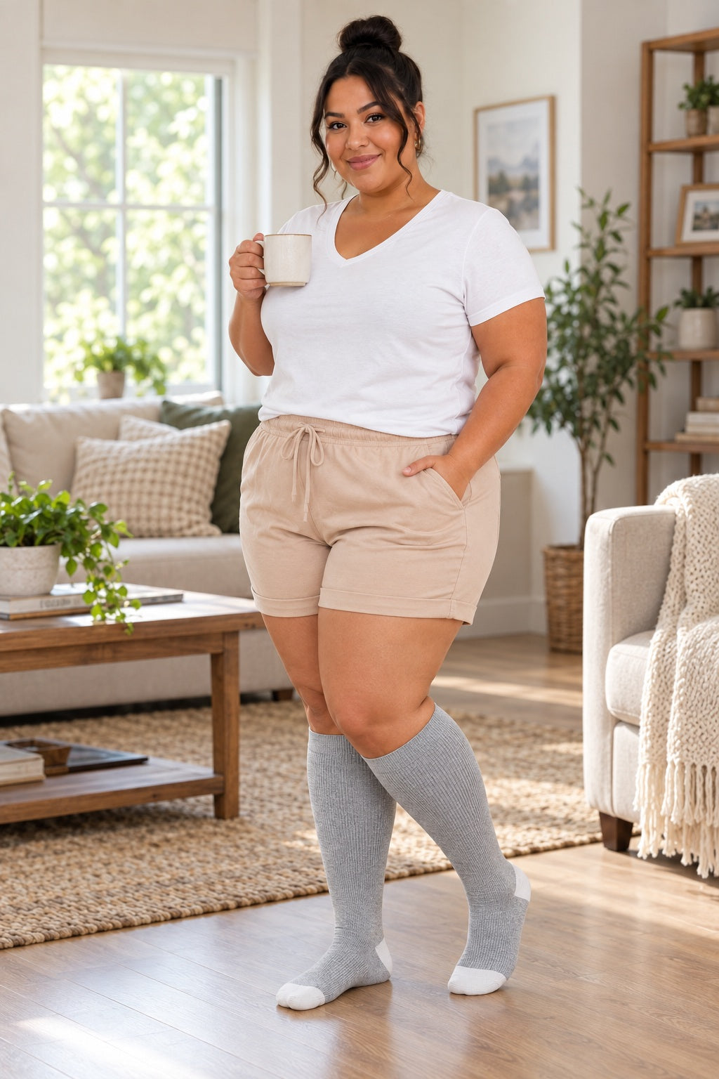 Plus Size Wide Calf Compression Socks Solid Color(3 Pairs) female home lifestyle model