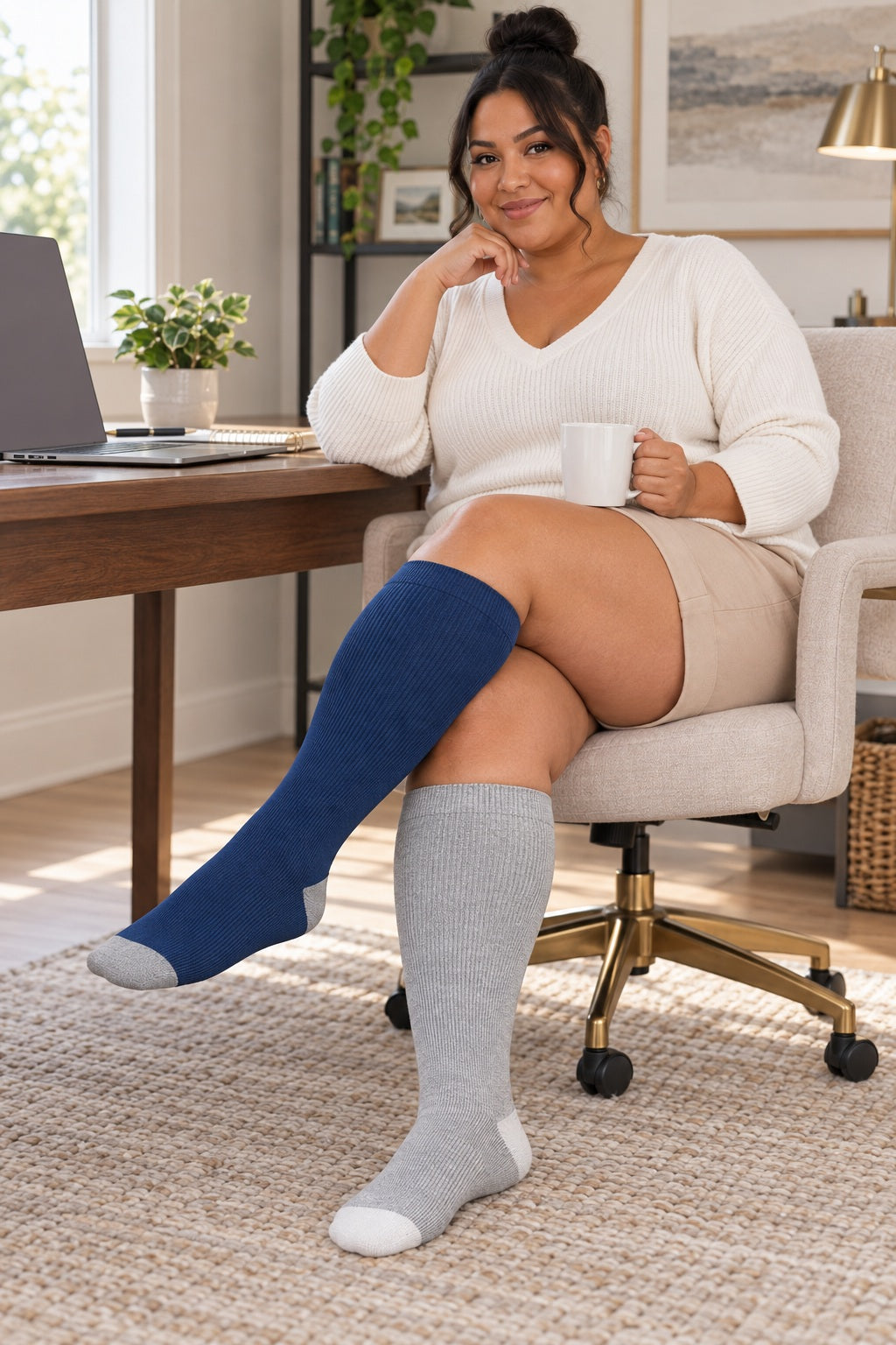 Plus Size Wide Calf Compression Socks Solid Color(3 Pairs) female office lifestyle model