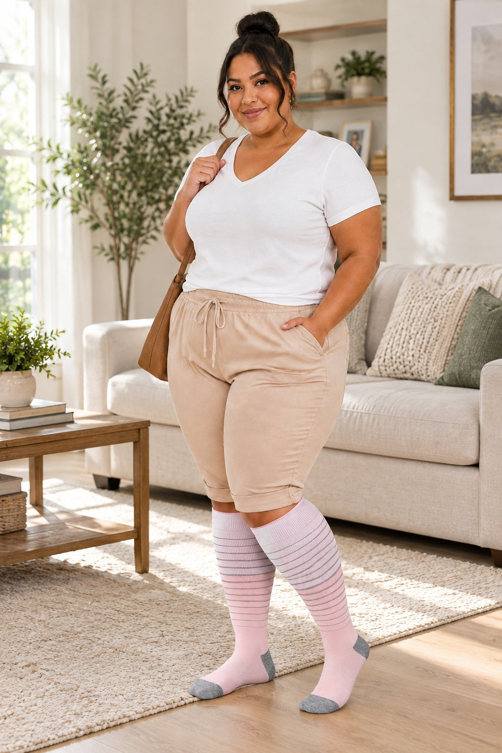 Plus Size Wide Calf Compression Socks Stripe(3 Pairs) female home lifestyle model