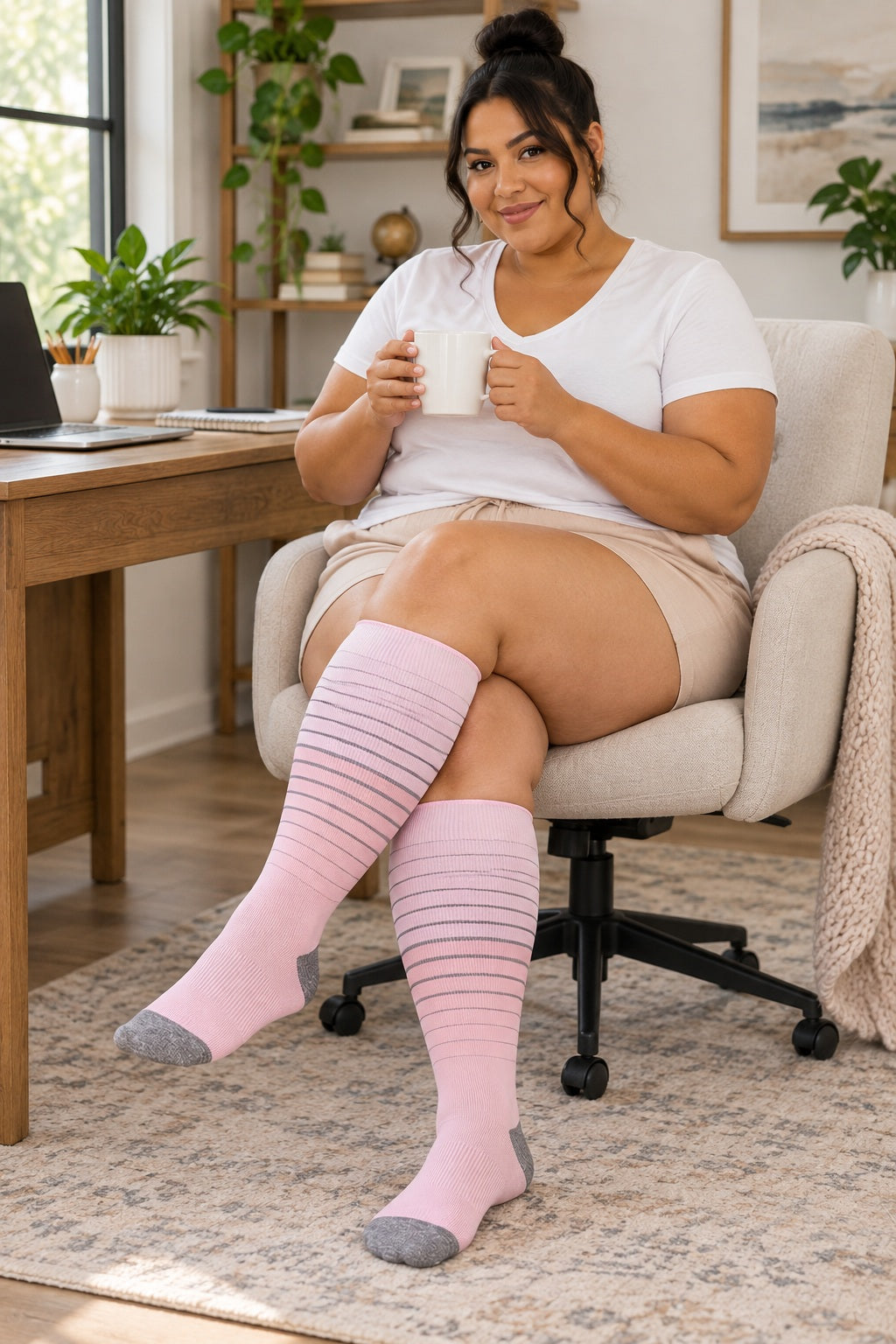 Plus Size Wide Calf Compression Socks Stripe(3 Pairs) female office lifestyle model