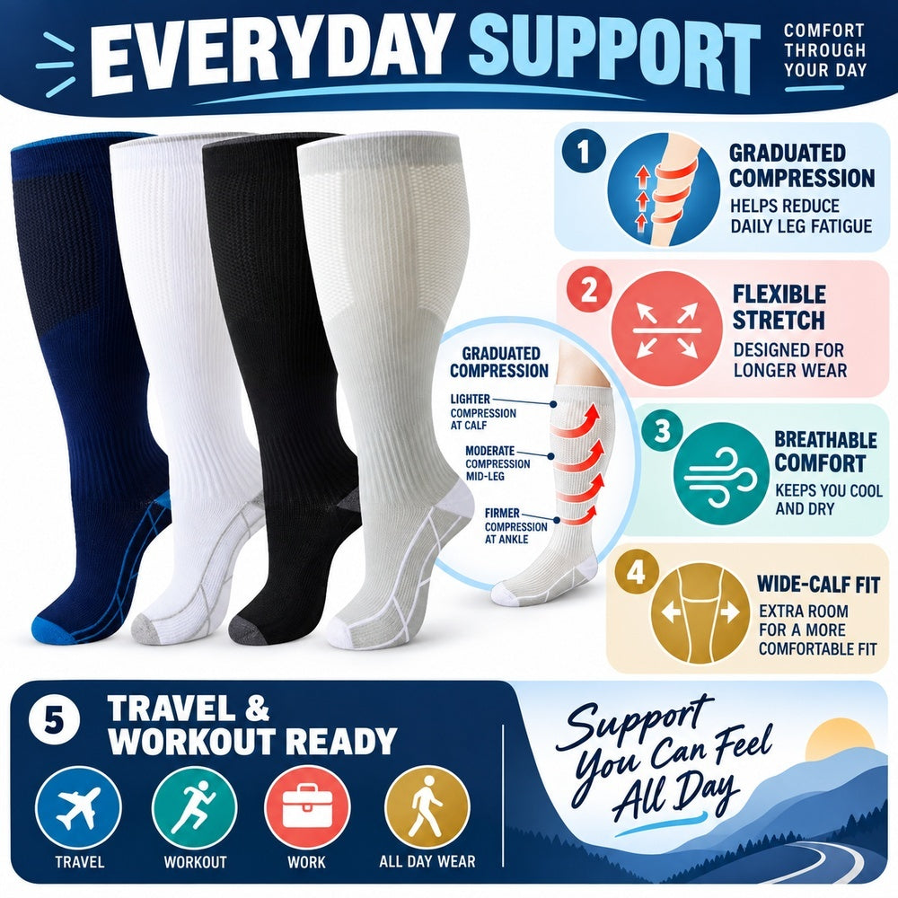 Plus Size Wide Calf Compression Socks 4 Pair Bundle - Navy, White, Black And Ivory Contrast - English function explainer