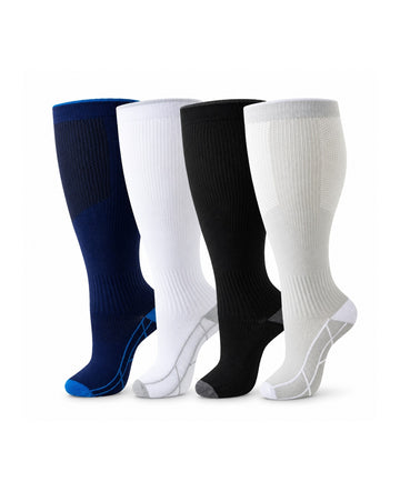Plus Size Wide Calf Compression Socks 4 Pair Bundle - Navy, White, Black And Ivory Contrast-Heel Assortment - white-background product hero