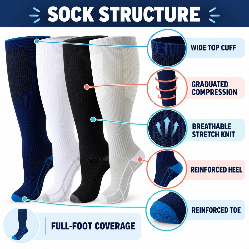Plus Size Wide Calf Compression Socks 4 Pair Bundle - Navy, White, Black And Ivory Contrast - English structure explainer