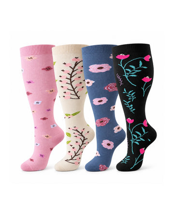 Plus Size Wide Calf Compression Socks 4 Pair Bundle - Pink, Cream, Denim Blue And Black Floral Assortment - white-background product hero