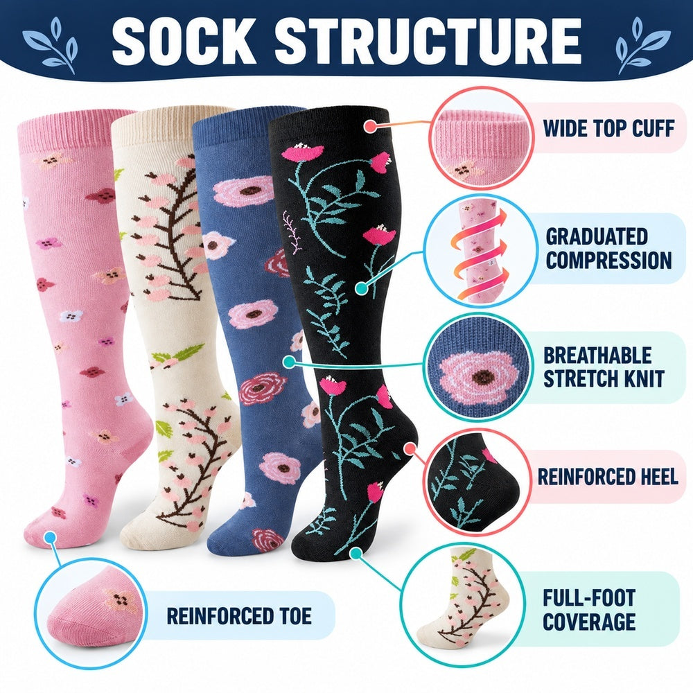 Plus Size Wide Calf Compression Socks 4 Pair Bundle - Pink, Cream, Denim Blue And Black Floral - English structure explainer