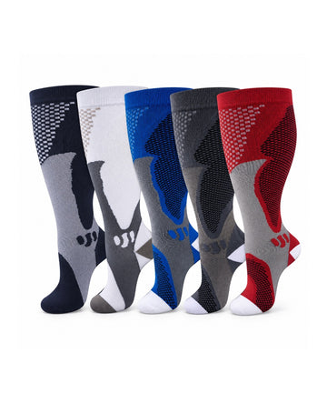 Plus Size Wide Calf Compression Socks 5 Pair Bundle - Navy, Charcoal, White, Blue, Gray And Red Geometric Assortment - white-background product hero