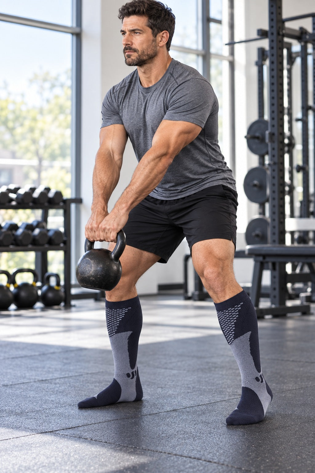 Plus Size Wide Calf Compression Socks 5 Pair Bundle - Navy, Charcoal, White, Blue, Gray And Red Geometric Assortment - AI sports model scene 2