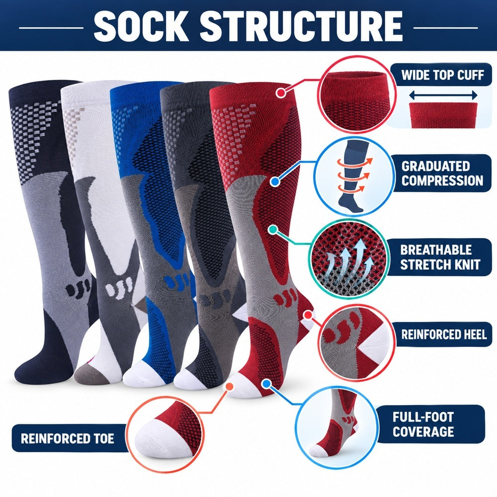 Plus Size Wide Calf Compression Socks 5 Pair Bundle - Navy, Charcoal, White, Blue, Gray And Red Geometric - English structure explainer