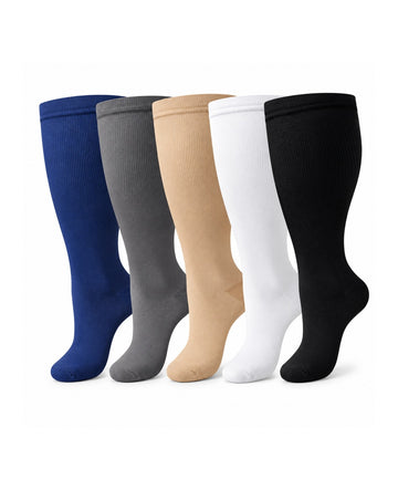 Plus Size Wide Calf Compression Socks 5 Pair Bundle - Royal Blue, Charcoal, Nude, White And Black Solid-Color Assortment - white-background product hero