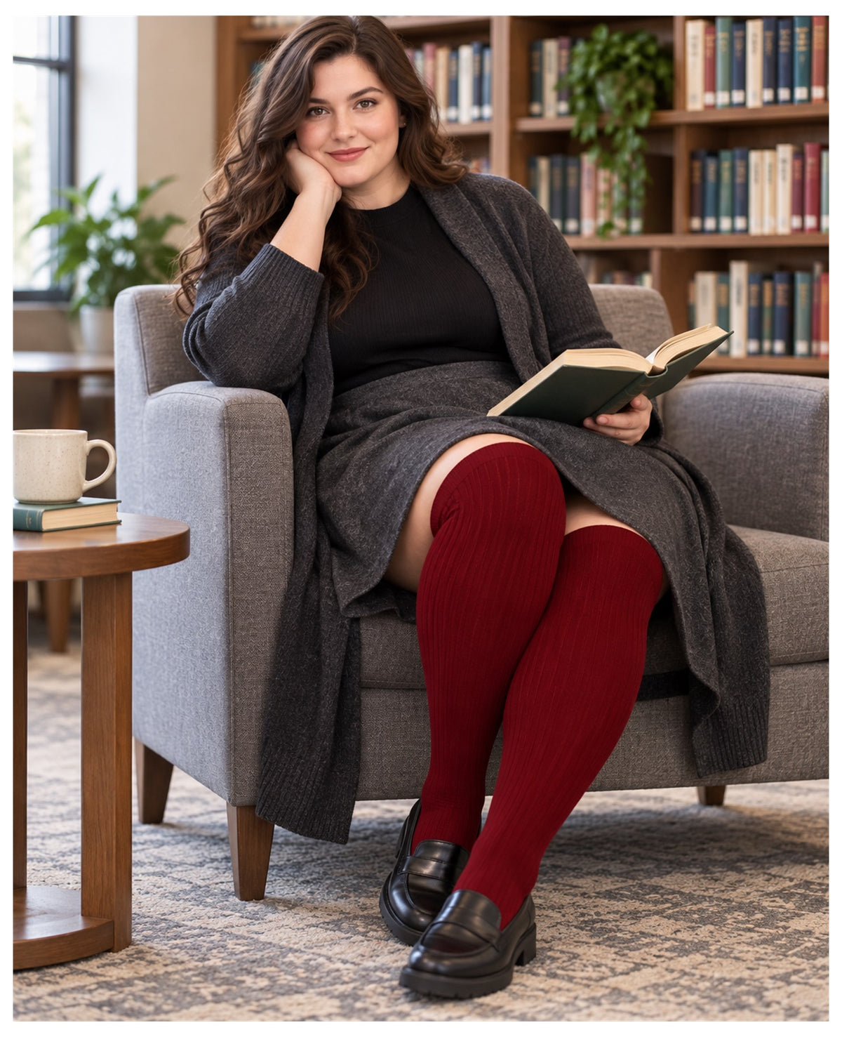Plus size wine red ribbed knit thigh high stockings on a womens fashion model in an everyday lifestyle scene 2
