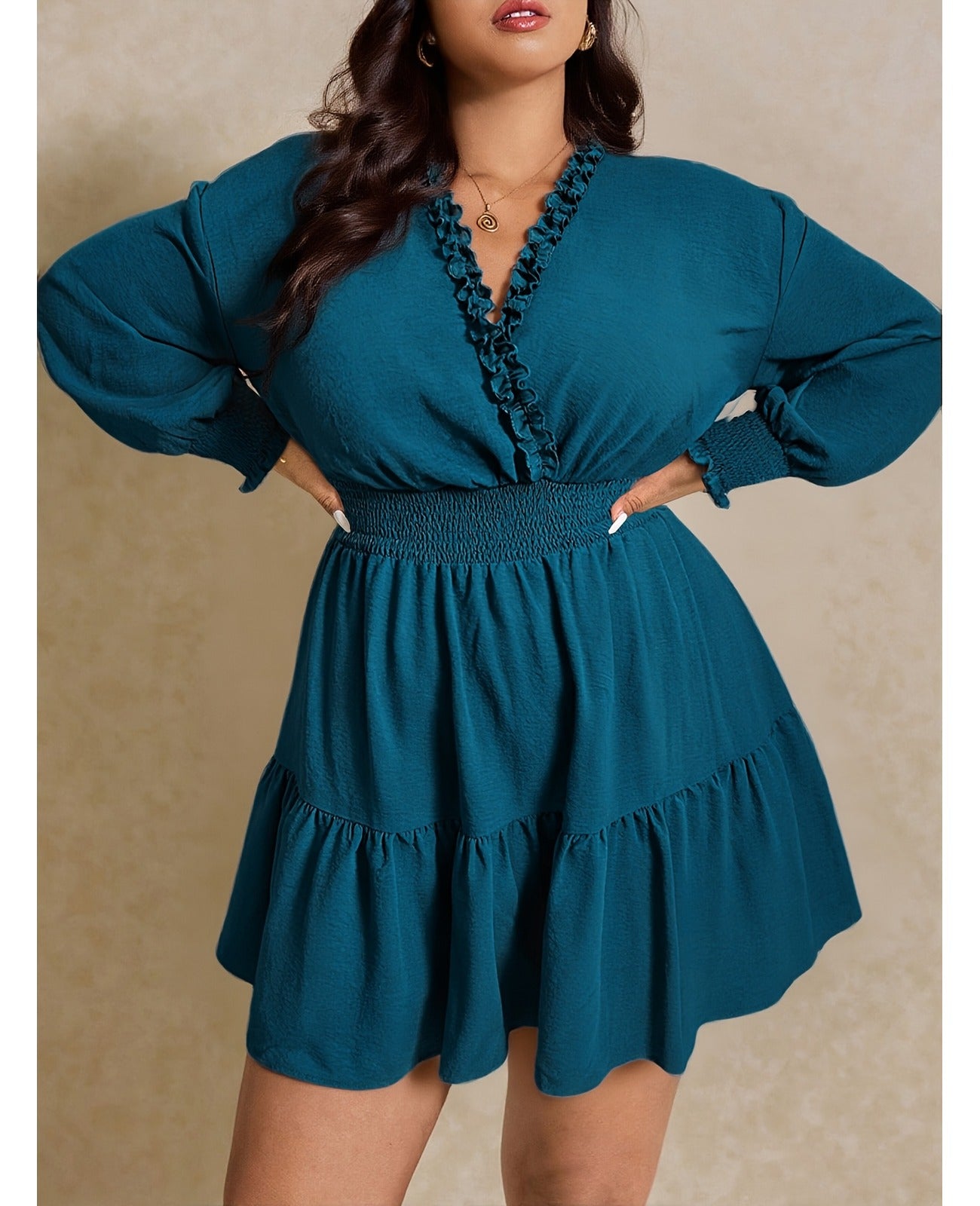 Bulk Plus Size Women's Elegant Turquoise A Line Dress With Puff Sleeves 4 Pcs view 1