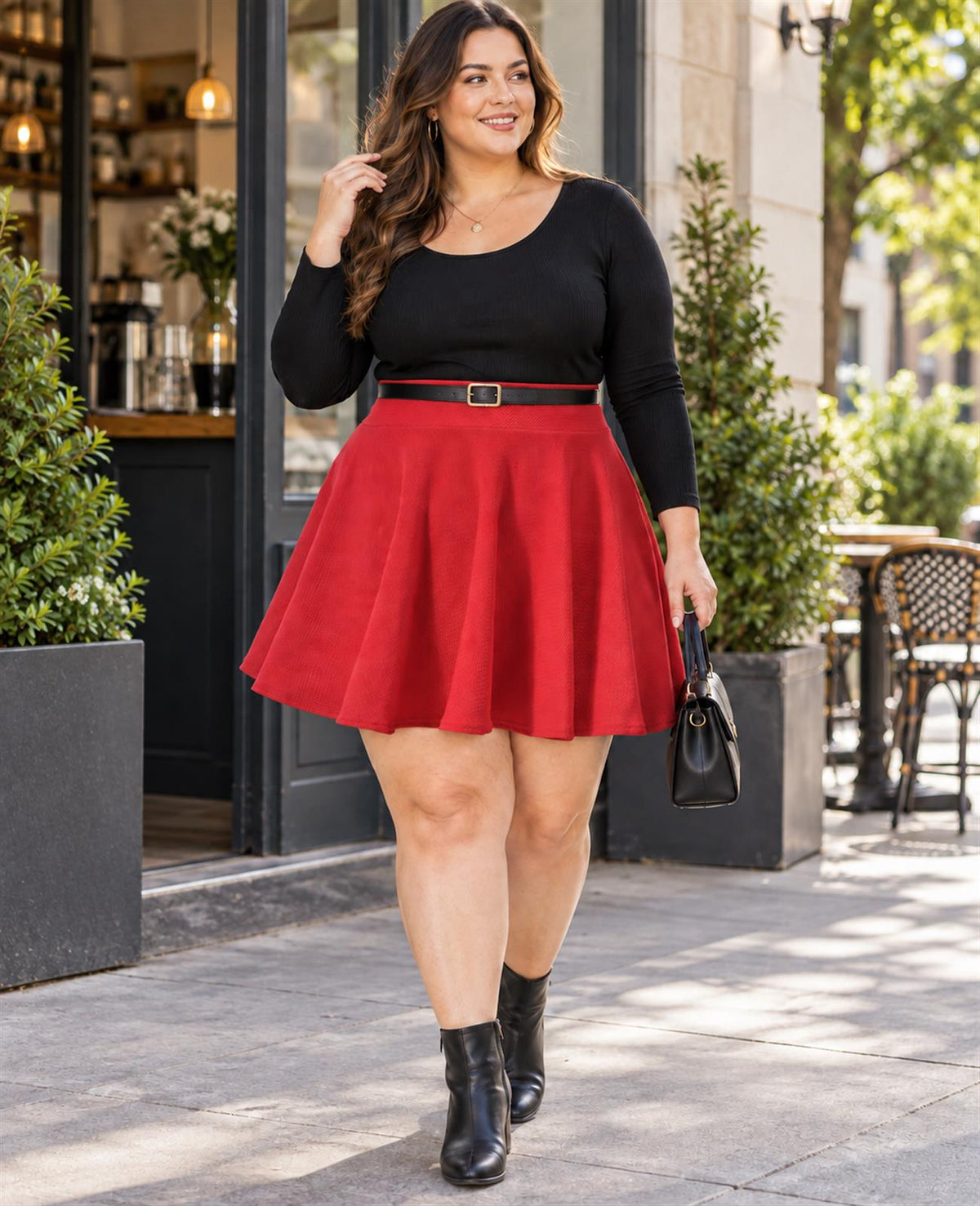 High Waisted Skater Skirt Plus Size Red - Full Model Lifestyle Variant Image