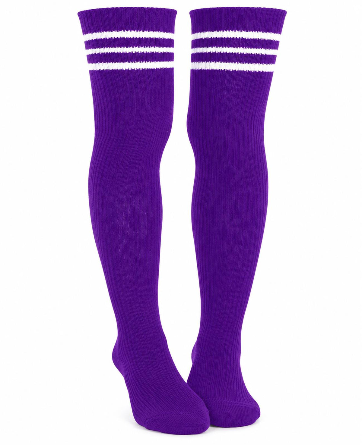 Extra Long Warm Knit Striped Thigh Highs Purple White Striped - Regular Shape White Background Main Image