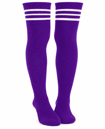 Extra Long Warm Knit Striped Thigh Highs Purple White Striped - Regular Shape White Background Main Image