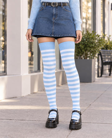 Womens Striped Thigh High Socks Extra Long Cotton Knit Baby Blue White - Y2K Dense Stripe Variant Image