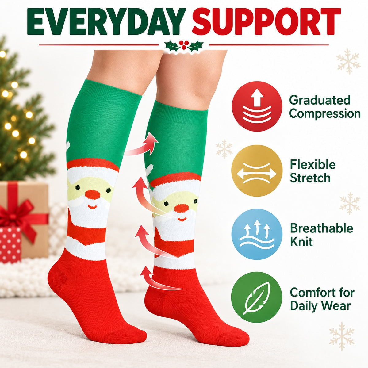 Regular Holiday Compression Socks 6 Pair Set - Christmas Combo 1 Santa, Snowman and Winter Colors English everyday support explainer