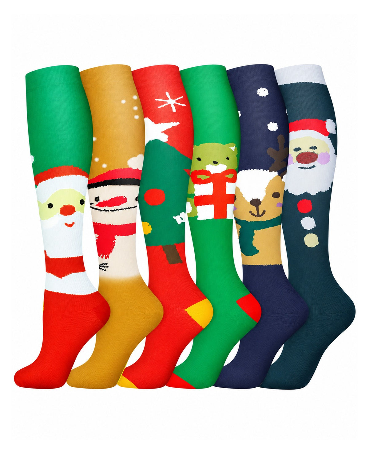 Regular Holiday Compression Socks 6 Pair Set - Christmas Combo 1 Santa, Snowman and Winter Colors hero