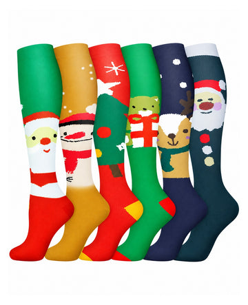 Regular Holiday Compression Socks 6 Pair Set - Christmas Combo 1 Santa, Snowman and Winter Colors hero