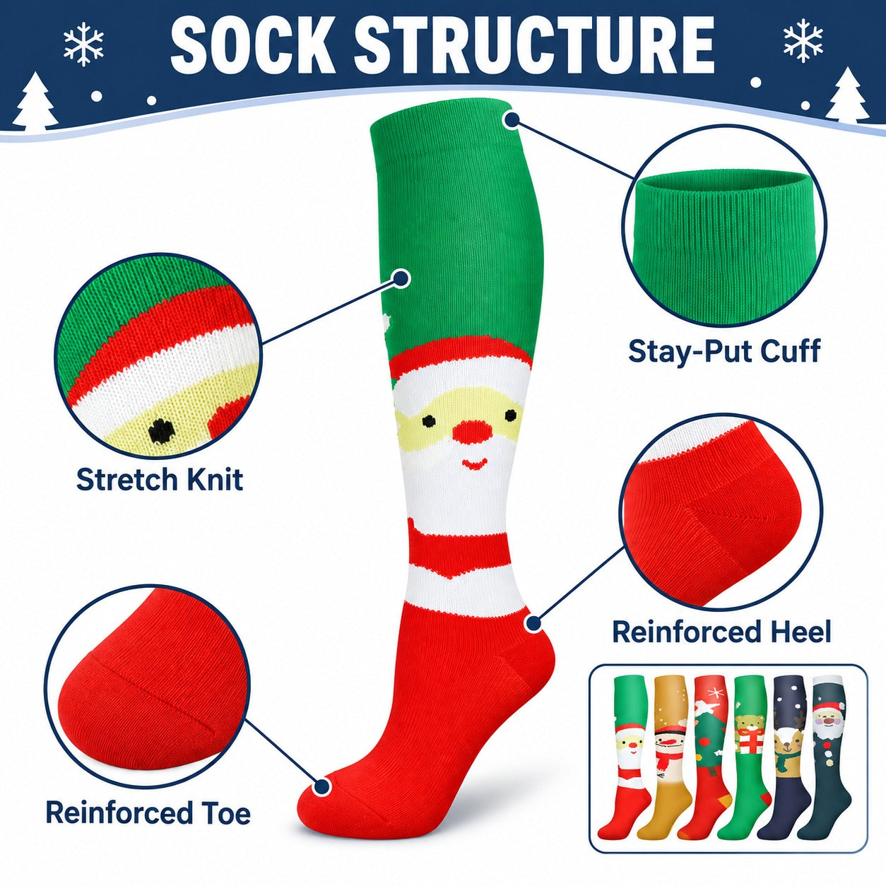 Regular Holiday Compression Socks 6 Pair Set - Christmas Combo 1 Santa, Snowman and Winter Colors English sock structure explainer